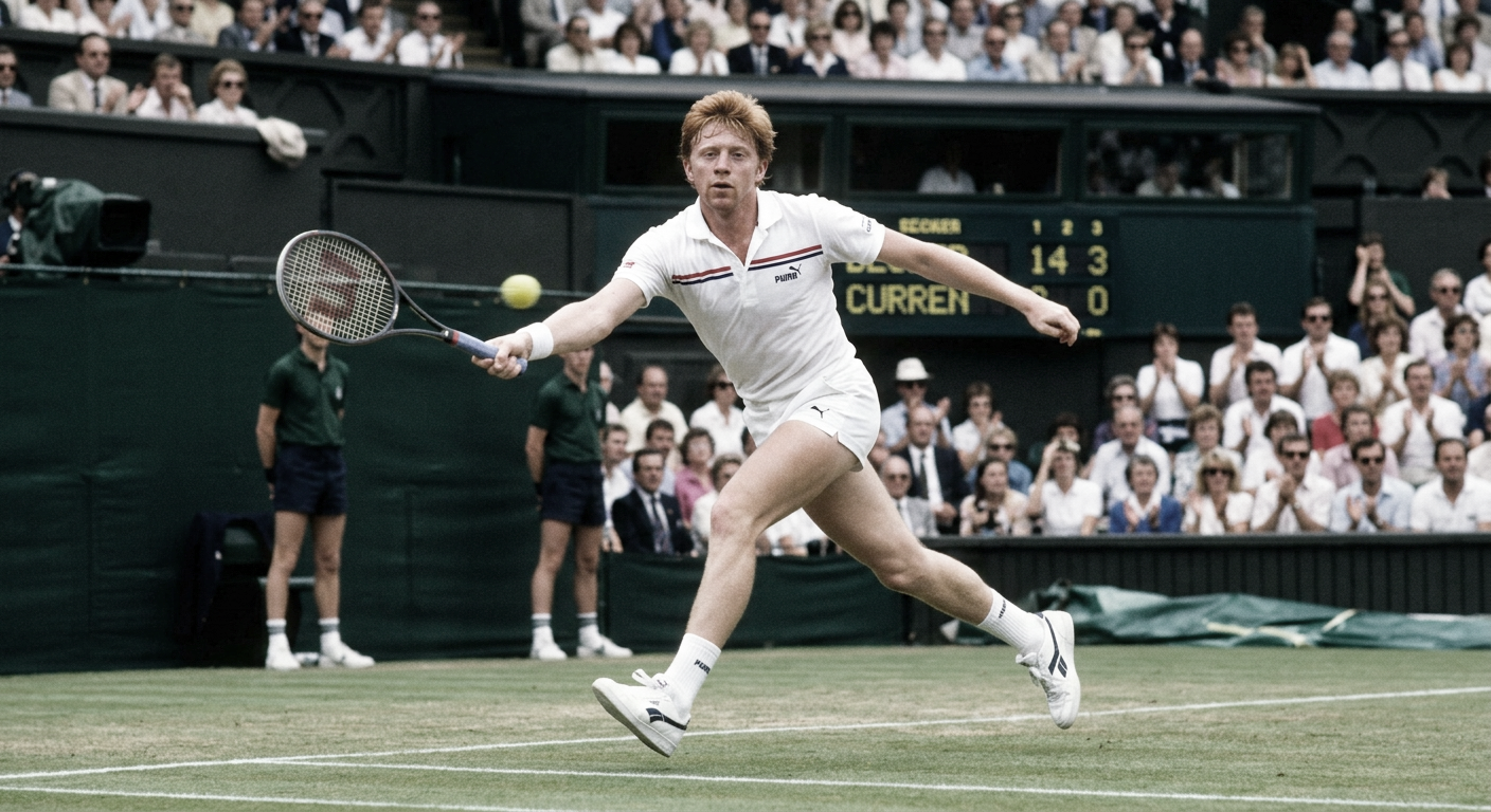 Boris Becker beim Tennisspiel in Wimbledon auf dem Rasenplatz.