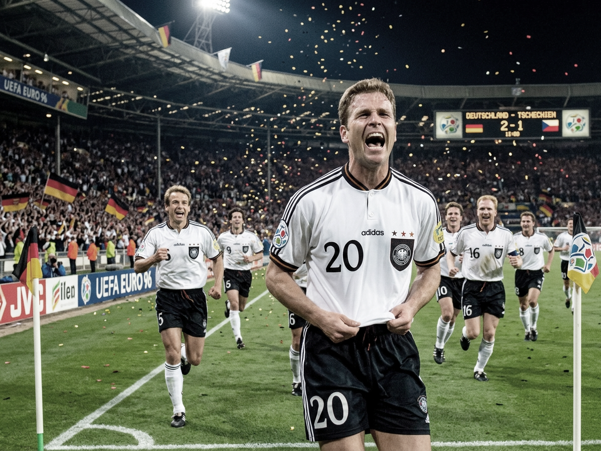 Deutsche Nationalmannschaft feiert den Europameistertitel 1996 auf dem Spielfeld.