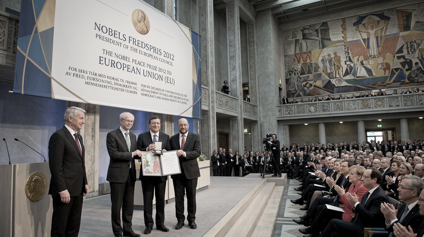 Feierliche Verleihung des Nobel-Friedenspreises 2012 an die Europäische Union vor Publikum.